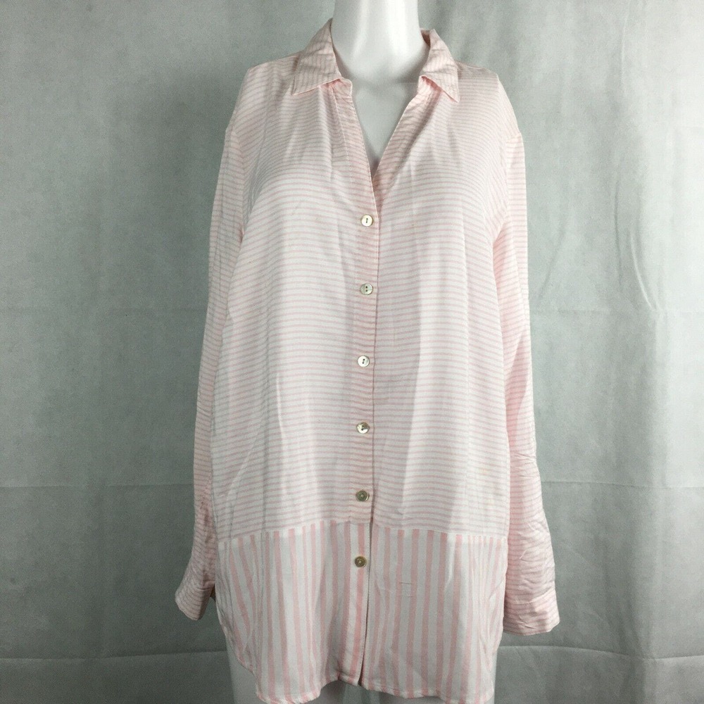 J. Jill Shirt Womens Sz MP Petite Pink White Striped Long Sleeve Button Up Tunic